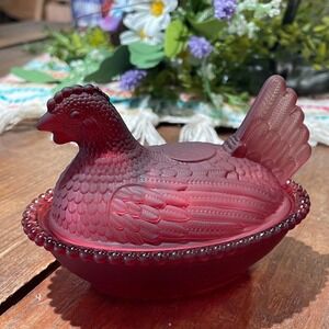 Glass Hen On Nest Candy Dish Black Cherry